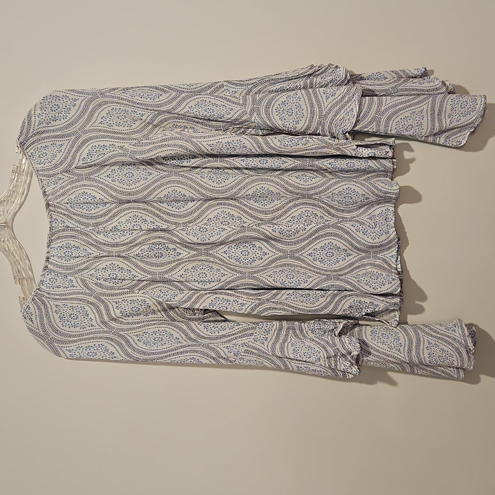 LOVESTITCH Blue white graphics tassel drawstring neckline Tiered Bell Sleeves Md - Picture 6 of 8